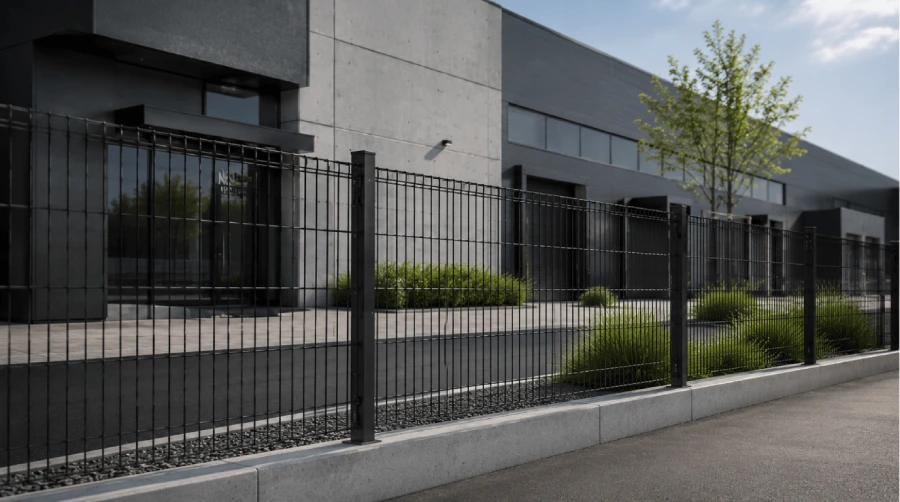 Clôture rigide double fil noire NeoCloture installée en bordure de bâtiment tertiaire avec poteaux à encoches.