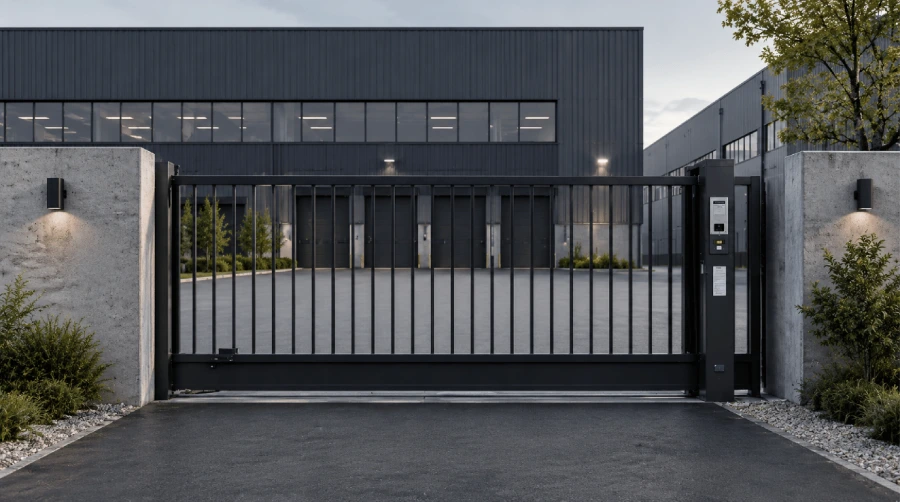 Portail battant industriel motorisé en aluminium noir avec système d'interphonie intégré pour site tertiaire par NeoCloture.