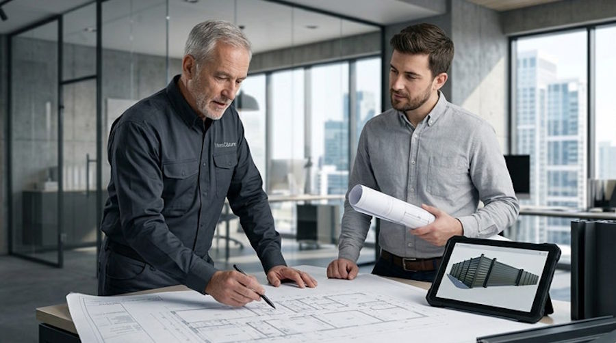 Expert NeoCloture en bureau d'études conseillant un client sur un plan de masse pour l'installation d'une clôture industrielle.