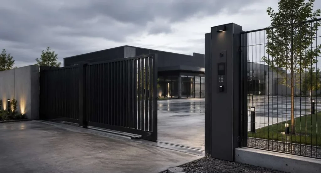 Portail coulissant industriel avec motorisation intégrée et clôture rigide haute sécurité par NeoCloture.